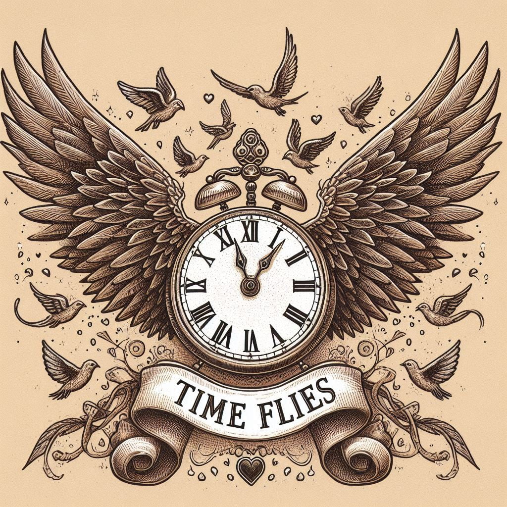 a picture of a clock with wings captioned 'Time Flies'